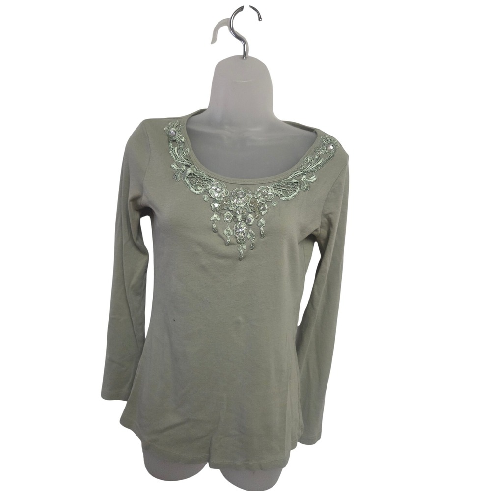Vintage Y2K Newport News Embellished Sage Green Long Sleeve Top Size M